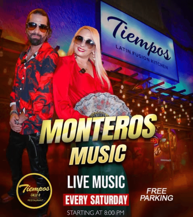 Monteros Music flyer: live music every Saturday starting at 8pm with free parking at Tiempo D' Tacos on Calle Ocho
