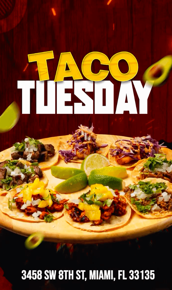 Taco Tuesday at Tiempo D' Tacos: platter of al pastor, carne asada, Baja shrimp, and carnitas street tacos with lime, 3458 SW 8th St Miami